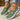 Chaussures vert sauge pour femme, portées avec jean retroussé, vue latérale