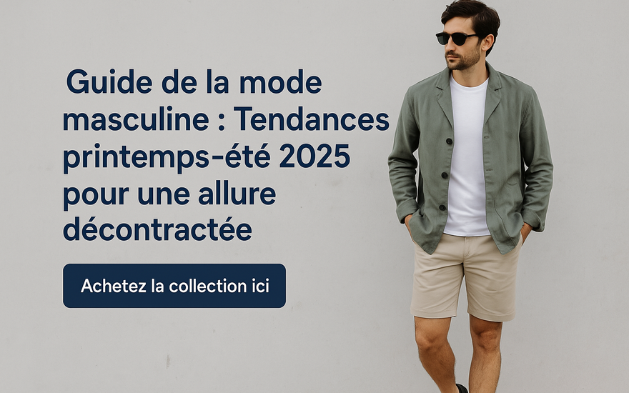 Homme en tenue décontractée avec texte : Guide de la mode masculine printemps-été 2025.