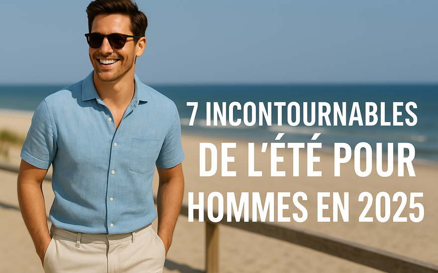 Homme souriant en chemise légère bleue sur la plage – 7 incontournables de l’été 2025 pour hommes – mode estivale masculine tendance